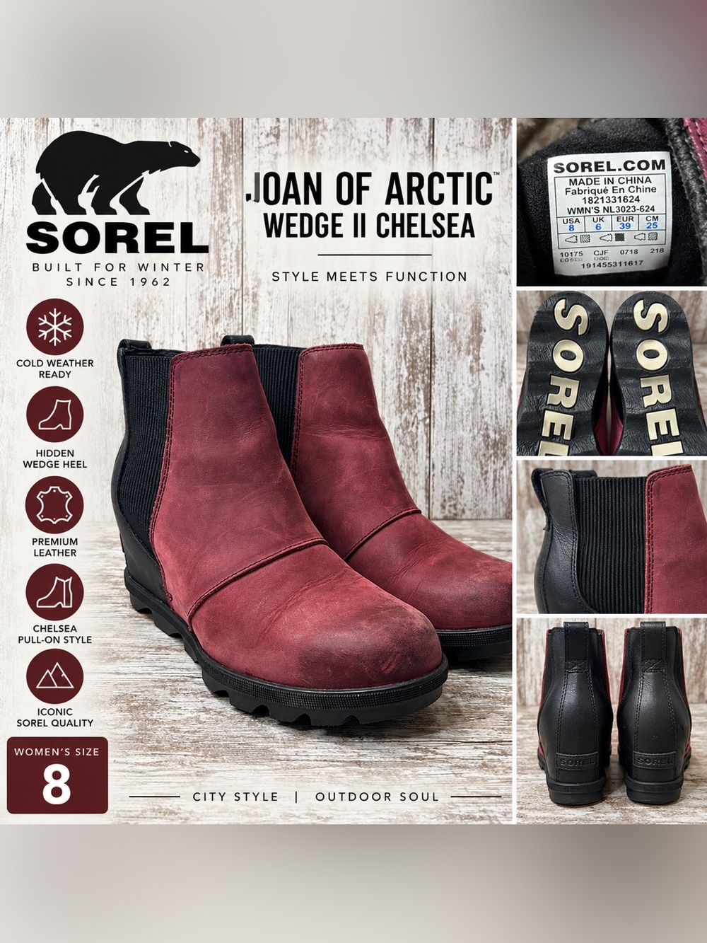 SOREL Joan of Arctic Wedge II Chelsea Boots Women’s 8 Burgundy Leather